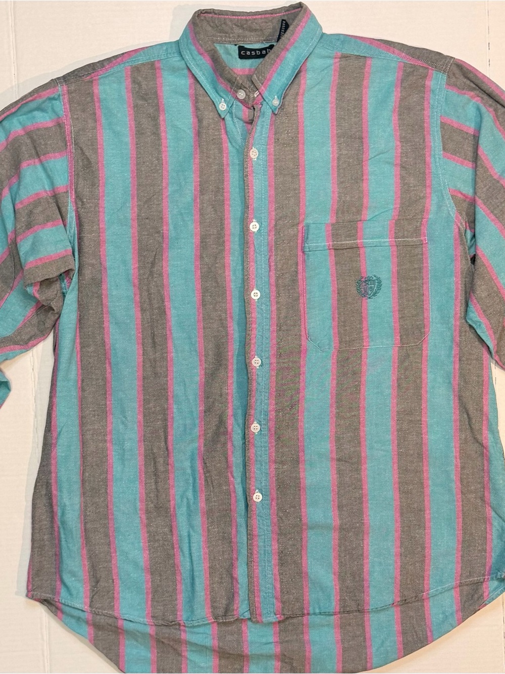 Casbah American Vintage Striped Button-Down Shirt in Teal, Gray & Pink